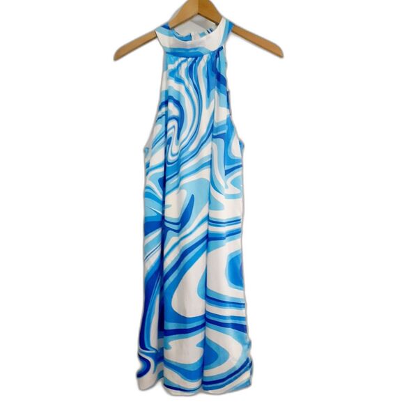 Premier Amour Blue White Prints Halter Fully Lined Cocktail Dress S10 NWT $79 - Picture 3 of 13